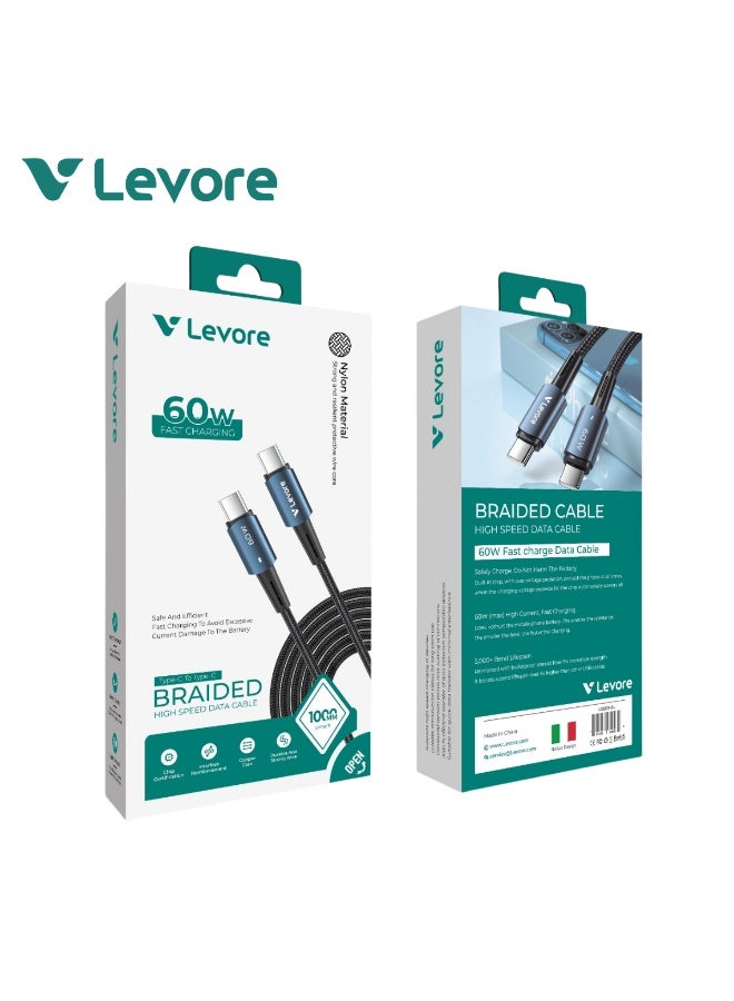 LEVORE 1M Nylon Braided 60w USB C to USB C Cable - LC5212-BL - Image 2